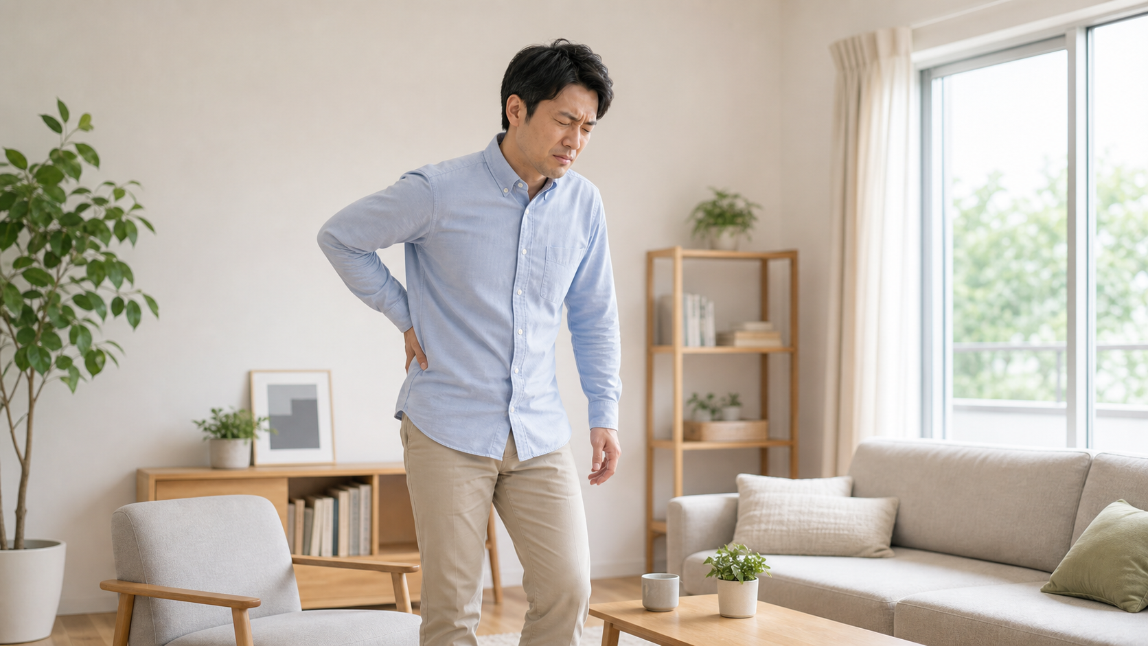 腰を押さえてつらそうにしている男性